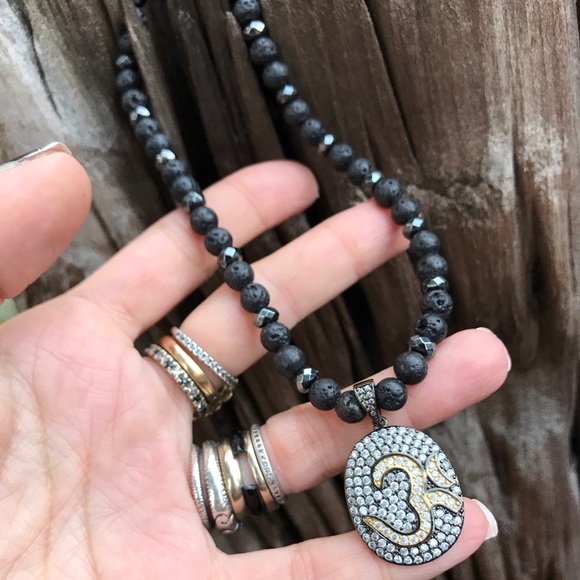 Om sign necklace . Genuine black Lava rock hematite rodhium cz medal boho choker - Picture 8 of 14